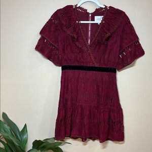 J.O.A. Burgundy Lace Dress with Velvet Waist Accent, Small NWT